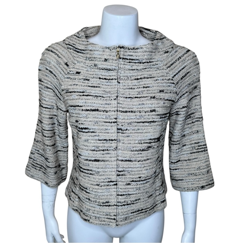 St. John Boucle Tweed Zip Jacket 6 Textured 3/4 Sleeve Beige Black